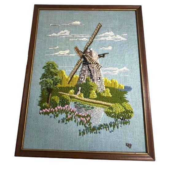 Southampton "Petticoat Windmill" Long Island NY Vintage Crewel Signed Kay 13X16